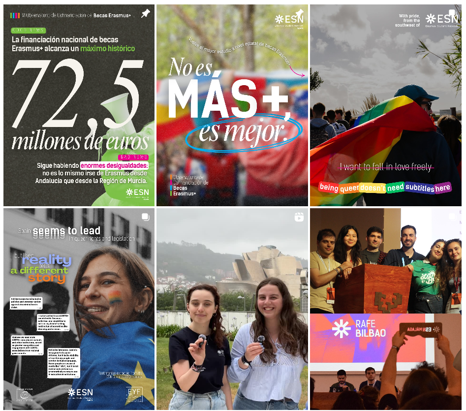 Pictures from ESN España feed on Instagram. There are international students, flags and a lot of colours