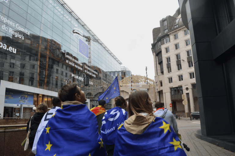a group of international students walking in front of the European economic and social Committee holding flags and wearing the european flag during a parade in Brussels